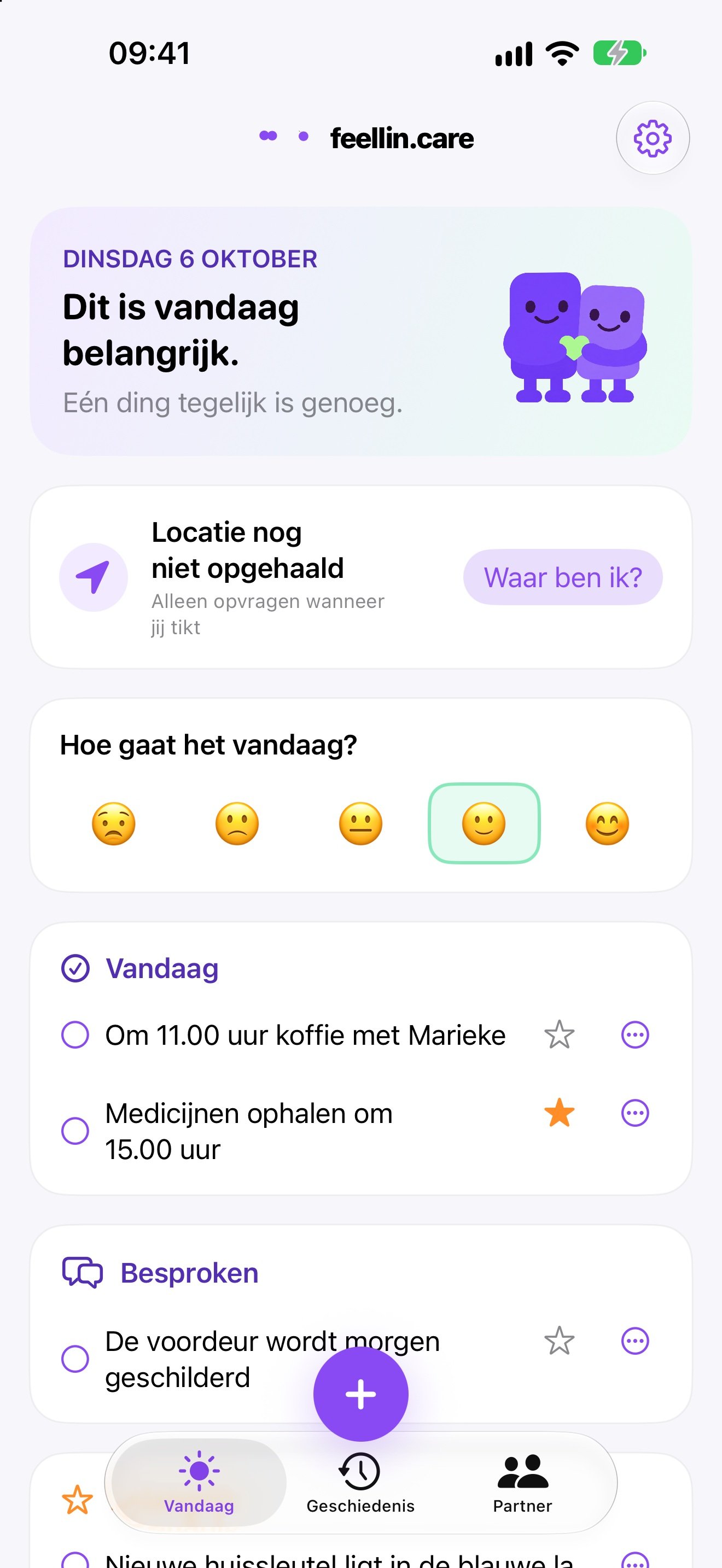 Het Vandaag-scherm van Feellin.care